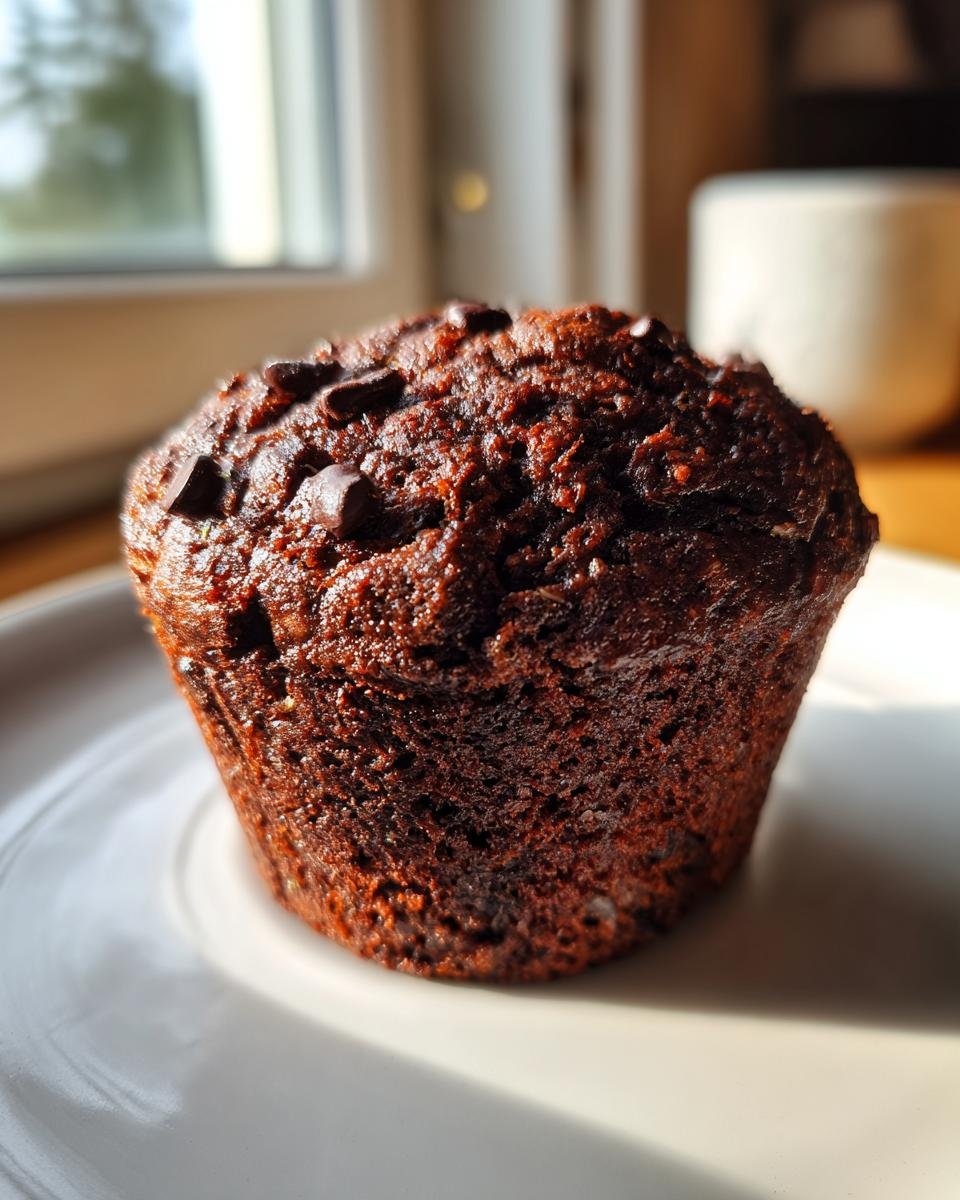 A single, rich, dark chocolate muffin topped with chocolate chips, sitting on a white plate.