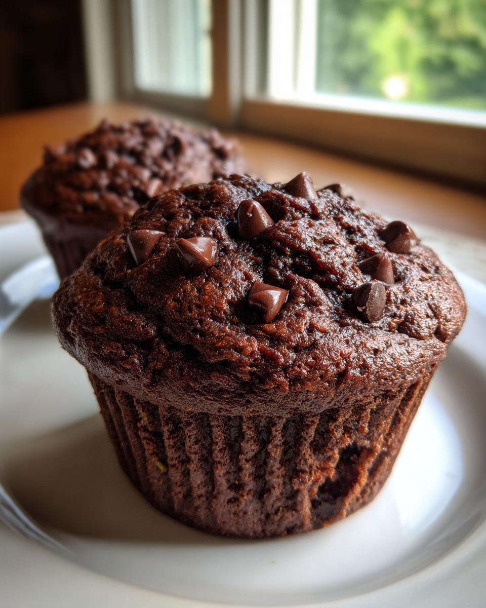 A close-up of a rich, dark chocolate muffin topped with chocolate chips, one of the Gluten Free Chocolate Zucchini Muffins Paleo.