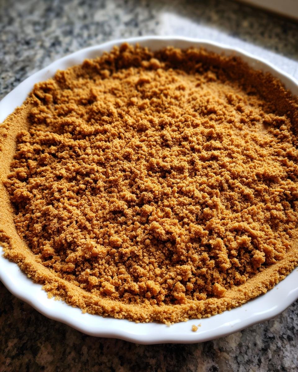 Close-up of loose crumbs forming a Gluten Free Graham Cracker Crust in a white pie dish.