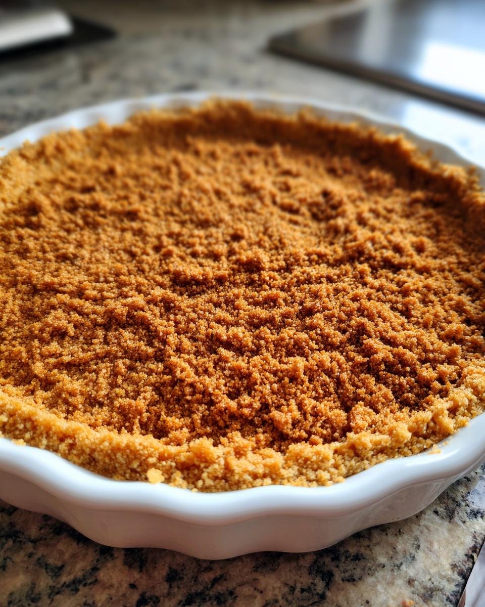 Close-up of a freshly pressed Gluten Free Graham Cracker Crust filling a white, fluted pie dish.