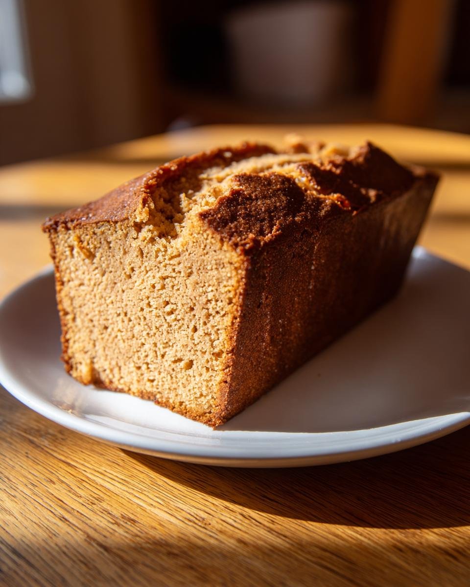 A golden brown loaf of Gluten Free Pound Cake Paleo resting on a white plate, catching warm sunlight.