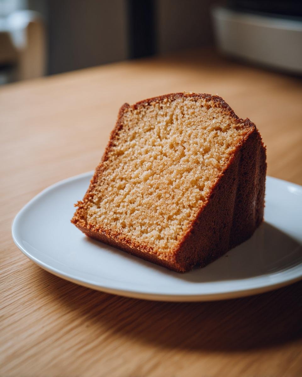 Close-up of a moist slice of Gluten Free Pound Cake Paleo served on a white plate.