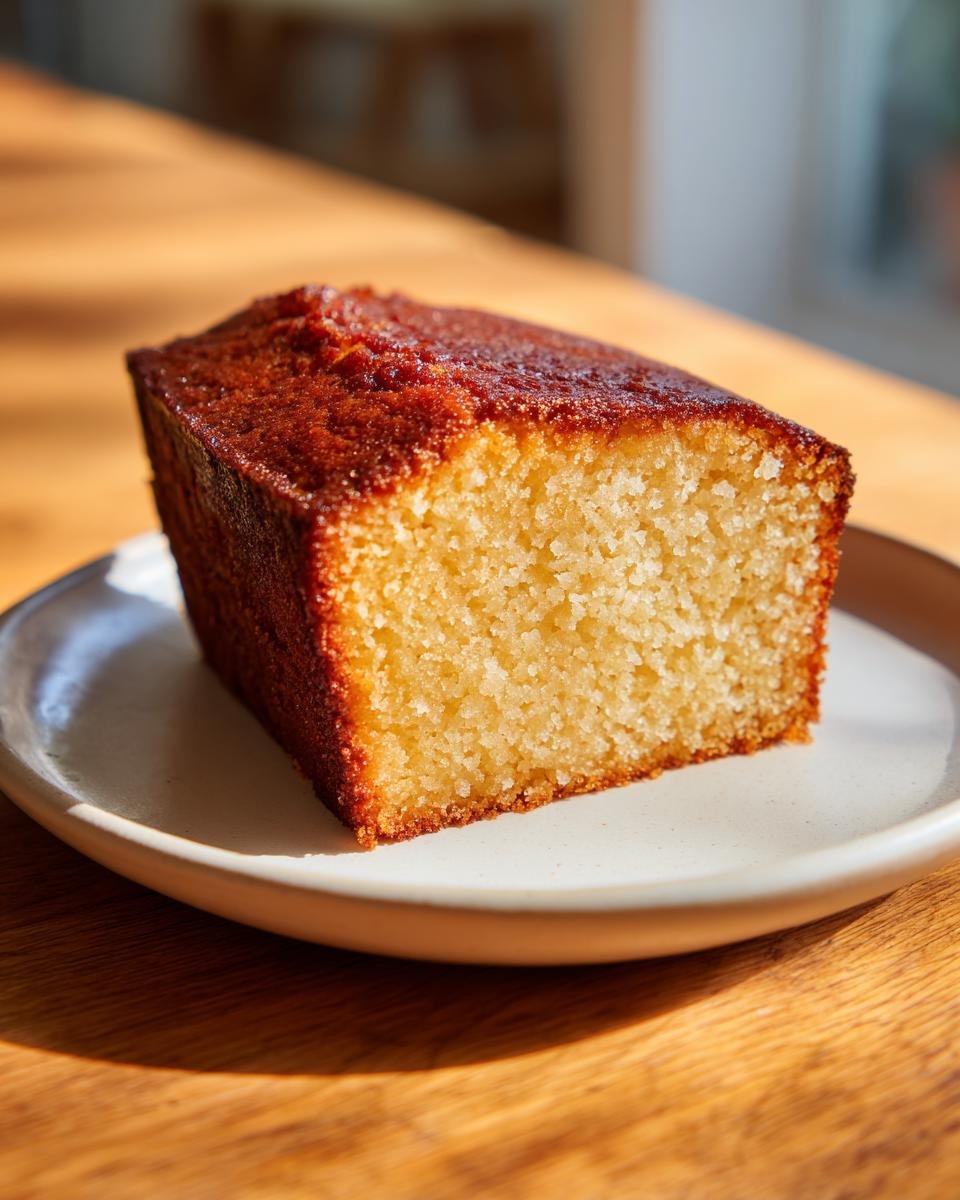 Close-up of a moist slice of Gluten Free Pound Cake Paleo with a golden-brown crust, sitting on a small white plate.