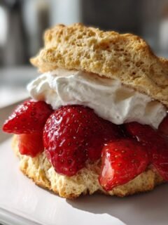 A close-up of a delicious Gluten Free Strawberry Shortcake featuring a biscuit, fresh strawberries, and whipped cream.