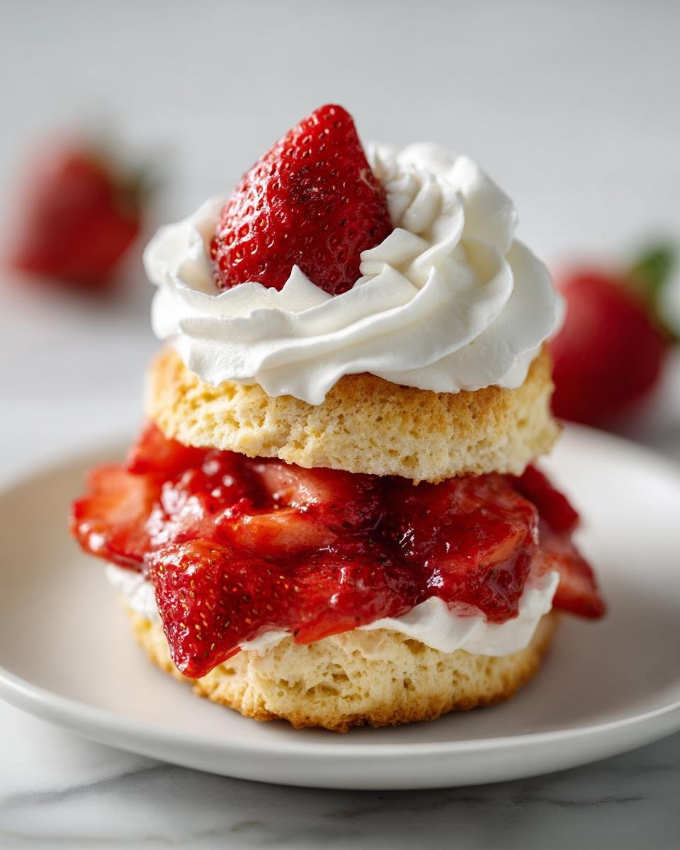 Close-up of a single serving Gluten Free Strawberry Shortcake with layers of biscuit, macerated strawberries, and whipped cream.