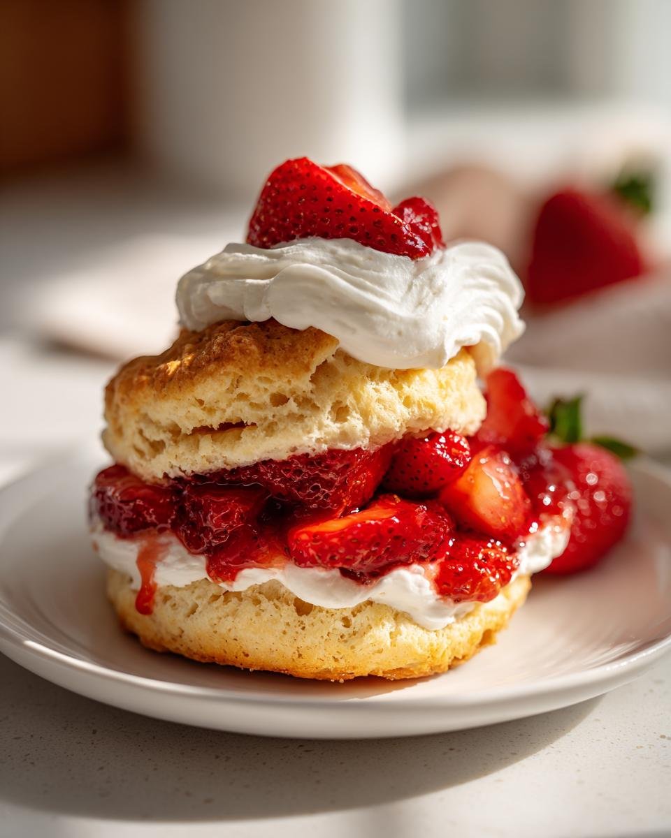 Close-up of a delicious Gluten Free Strawberry Shortcake with layers of biscuit, macerated strawberries, and whipped cream.