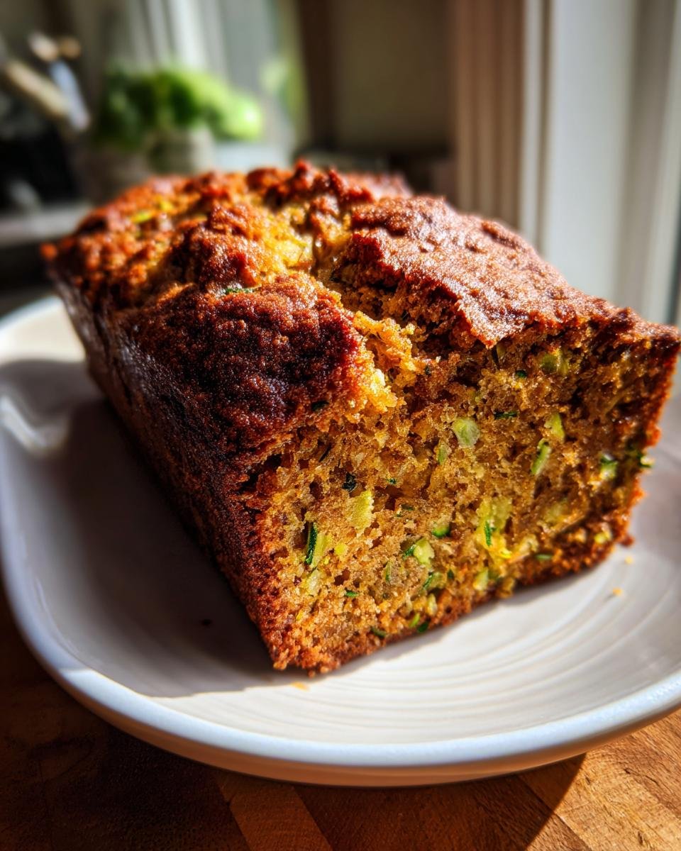 A golden brown loaf of moist Gluten Free Zucchini Bread sitting on a white plate.