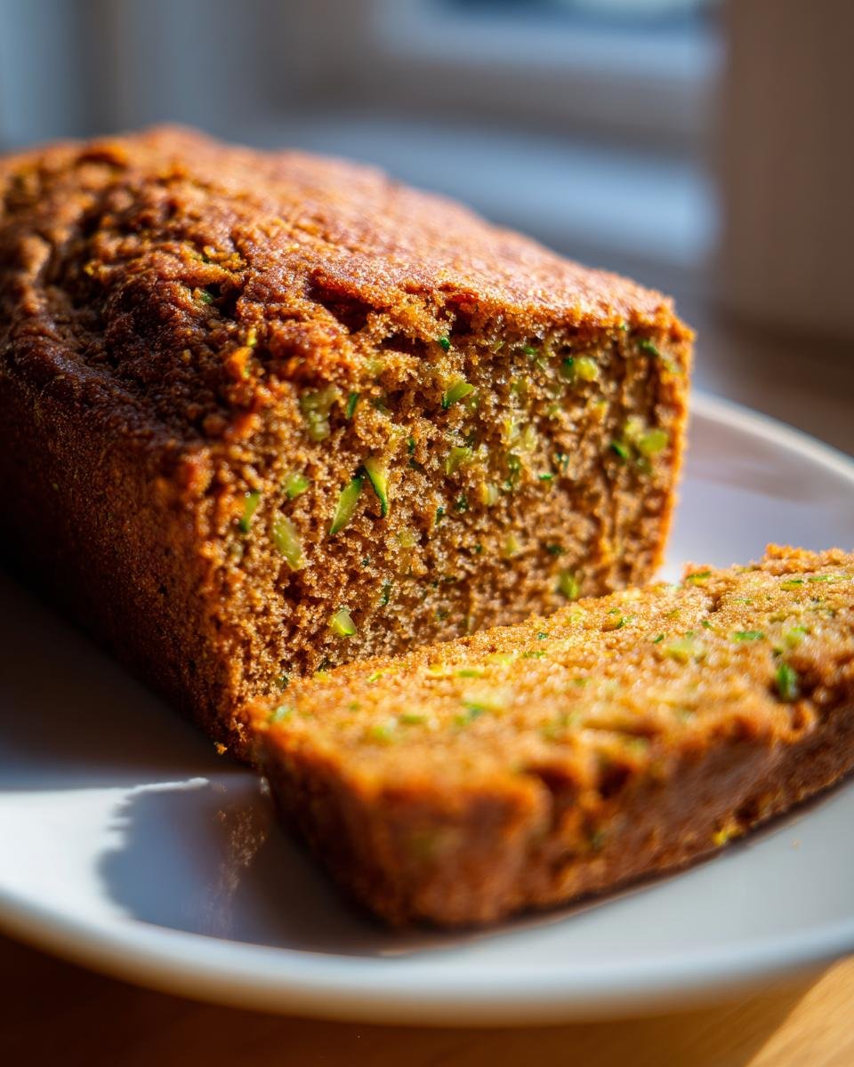 Close-up of a freshly baked loaf of Gluten Free Zucchini Bread with one slice cut and resting beside it.