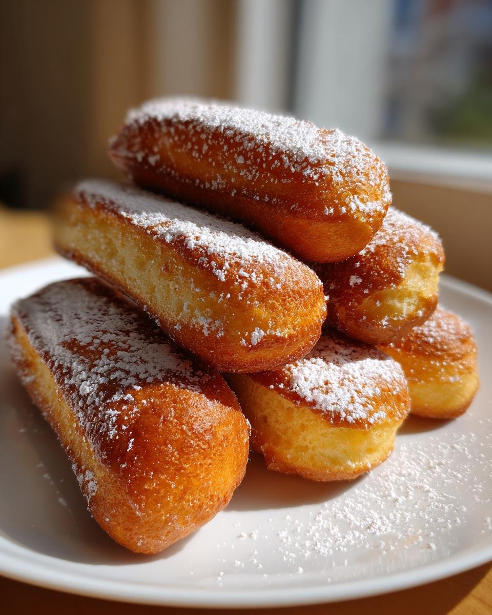 A stack of golden brown, oblong fried ladyfingers recipe treats generously dusted with white powdered sugar on a white plate.