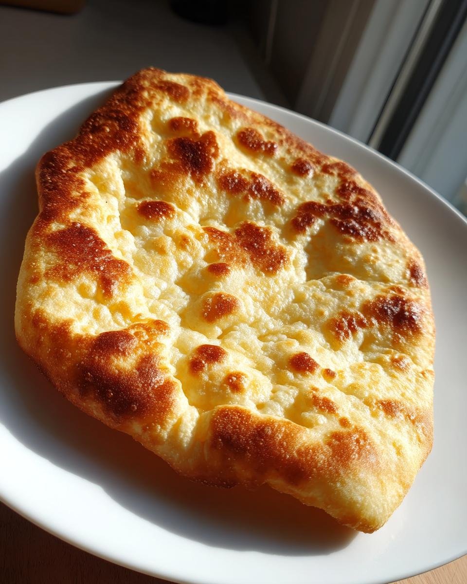 Close-up of a freshly cooked piece of golden brown fry bread with bubbly, browned spots, resting on a white plate.