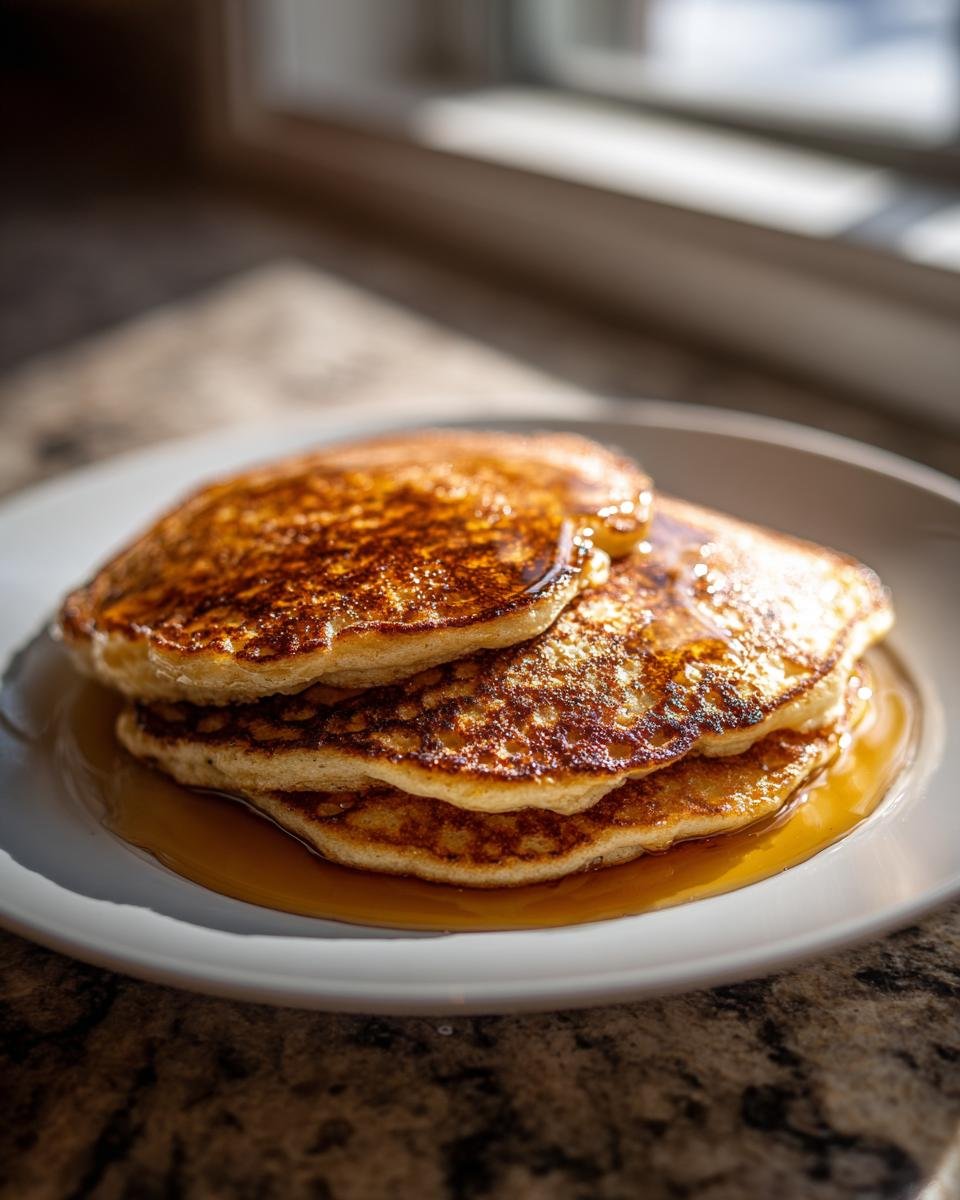 A close-up of three golden brown Oat Flour Pancakes stacked on a white plate, drizzled generously with maple syrup.