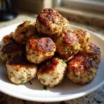 A mound of golden-brown, pan-seared Greek Chicken Meatballs seasoned with herbs, piled high on a white plate.