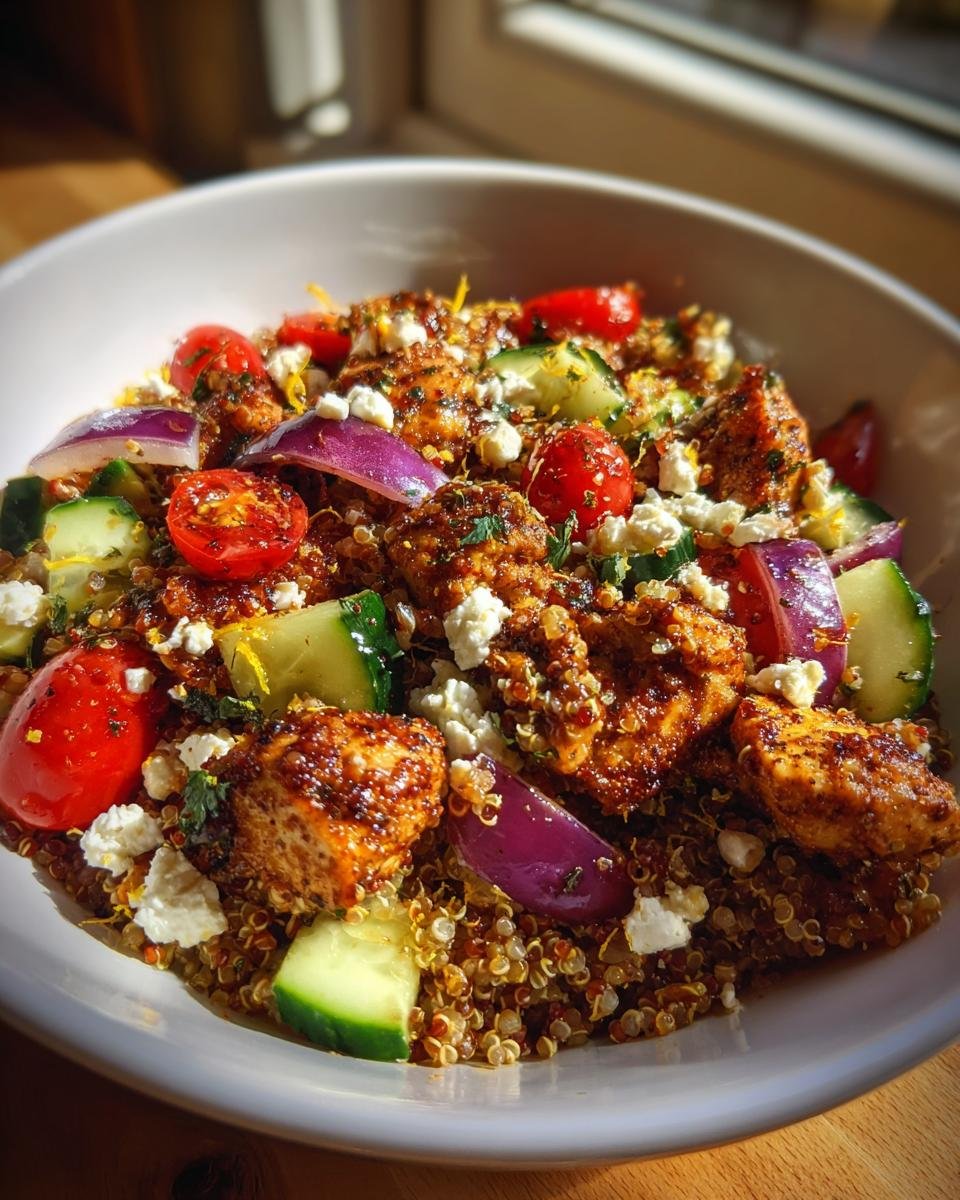 Close-up of a vibrant Greek Chicken Quinoa Bowl featuring seasoned chicken, red onion, cucumber, tomatoes, and feta cheese.