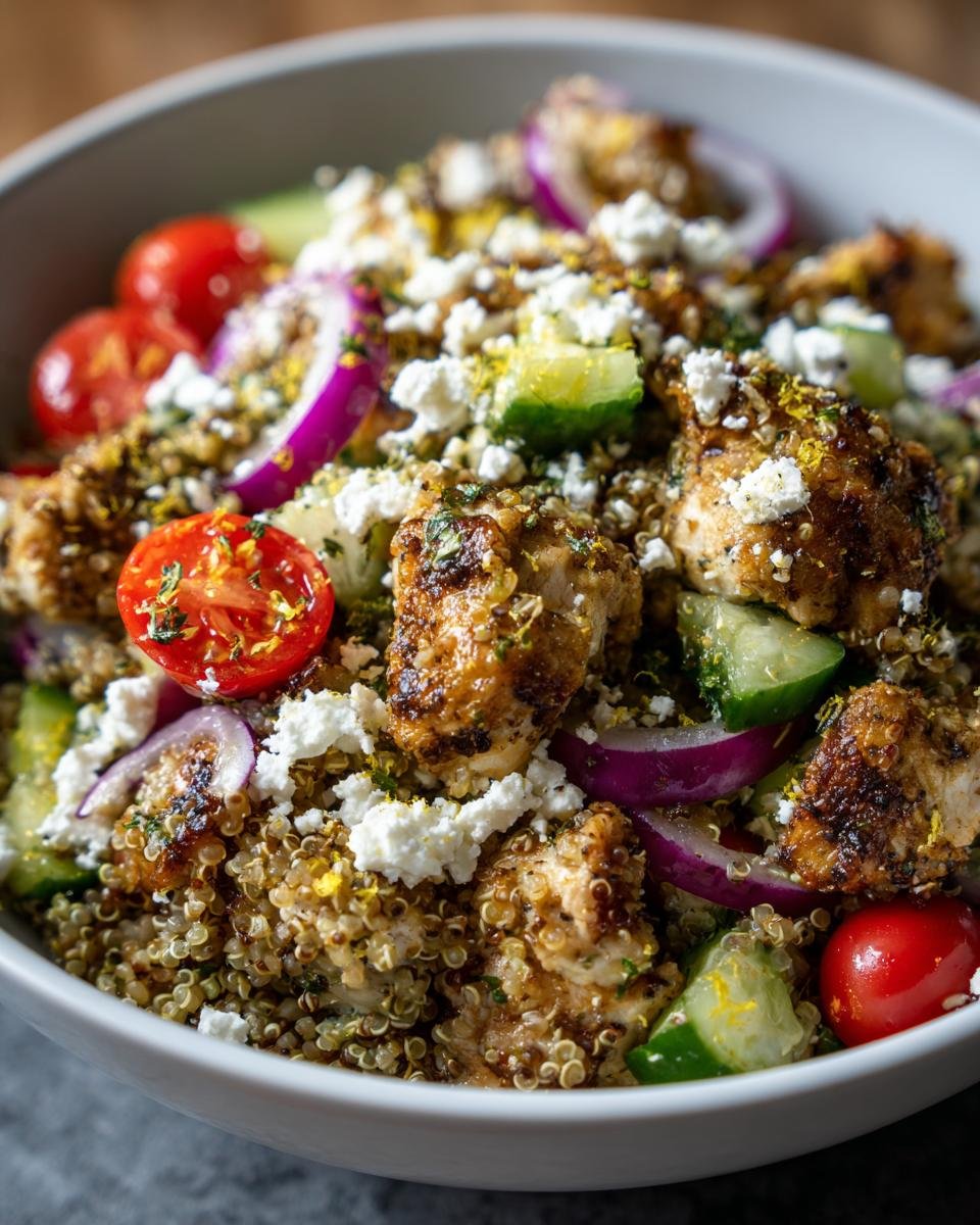 Close-up of a Greek Chicken Quinoa Bowl featuring seasoned chicken, quinoa, feta, tomatoes, and red onion.