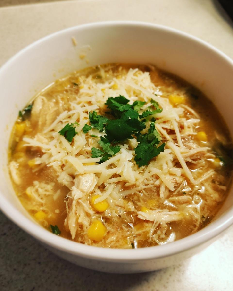 A close-up of a bowl of Green Chile Chicken Enchilada Soup topped with shredded cheese and fresh cilantro.