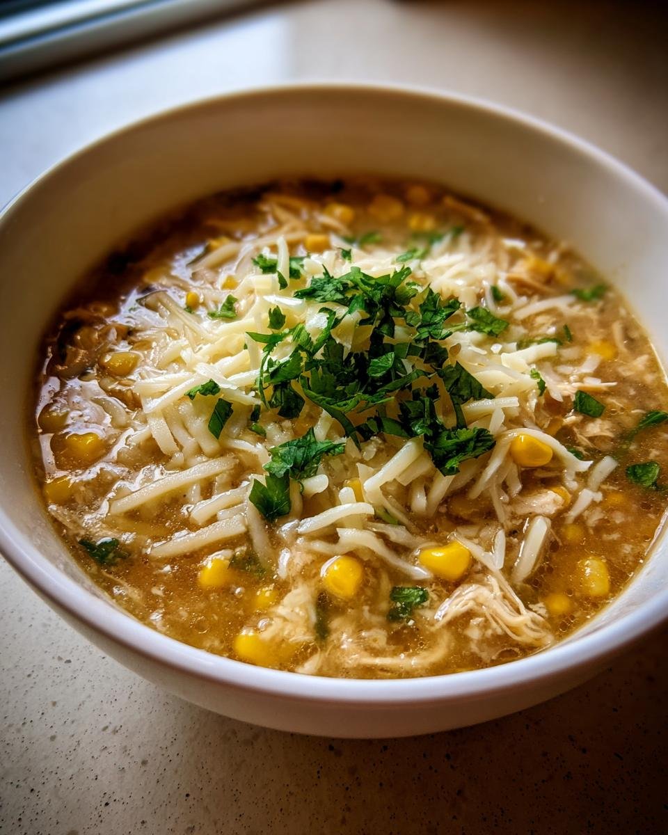 A close-up of a hearty bowl of Green Chile Chicken Enchilada Soup topped with shredded cheese and fresh parsley.