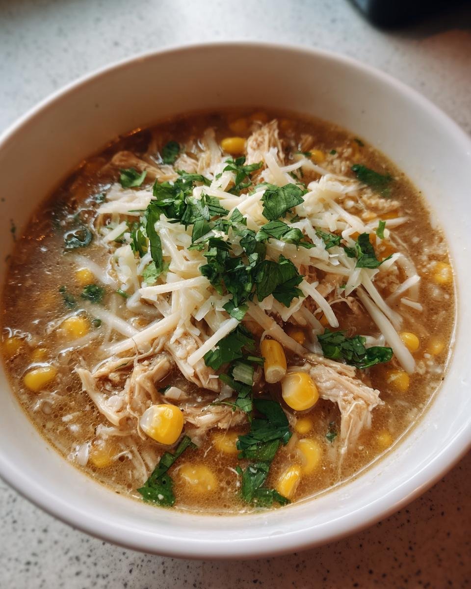 Close-up of Green Chile Chicken Enchilada Soup with shredded chicken, corn, topped with shredded cheese and cilantro.