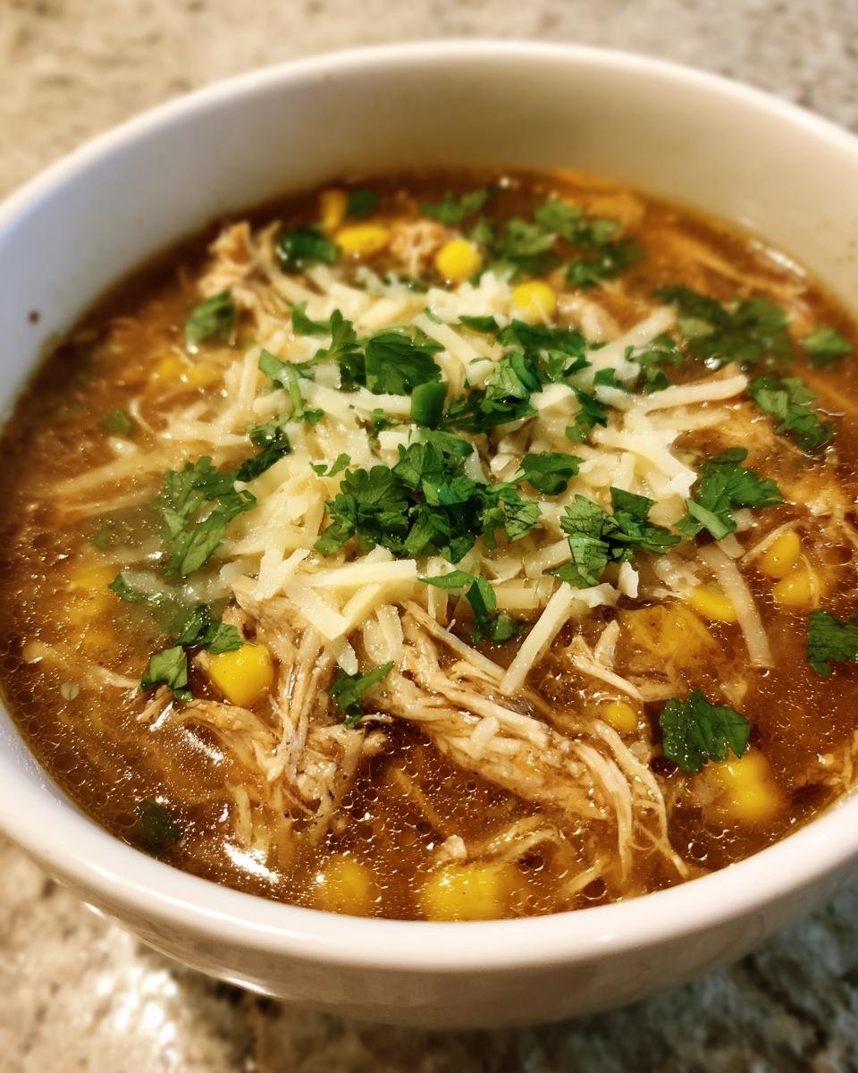 A close-up of a bowl of rich Green Chile Chicken Enchilada Soup topped with shredded cheese and fresh cilantro.