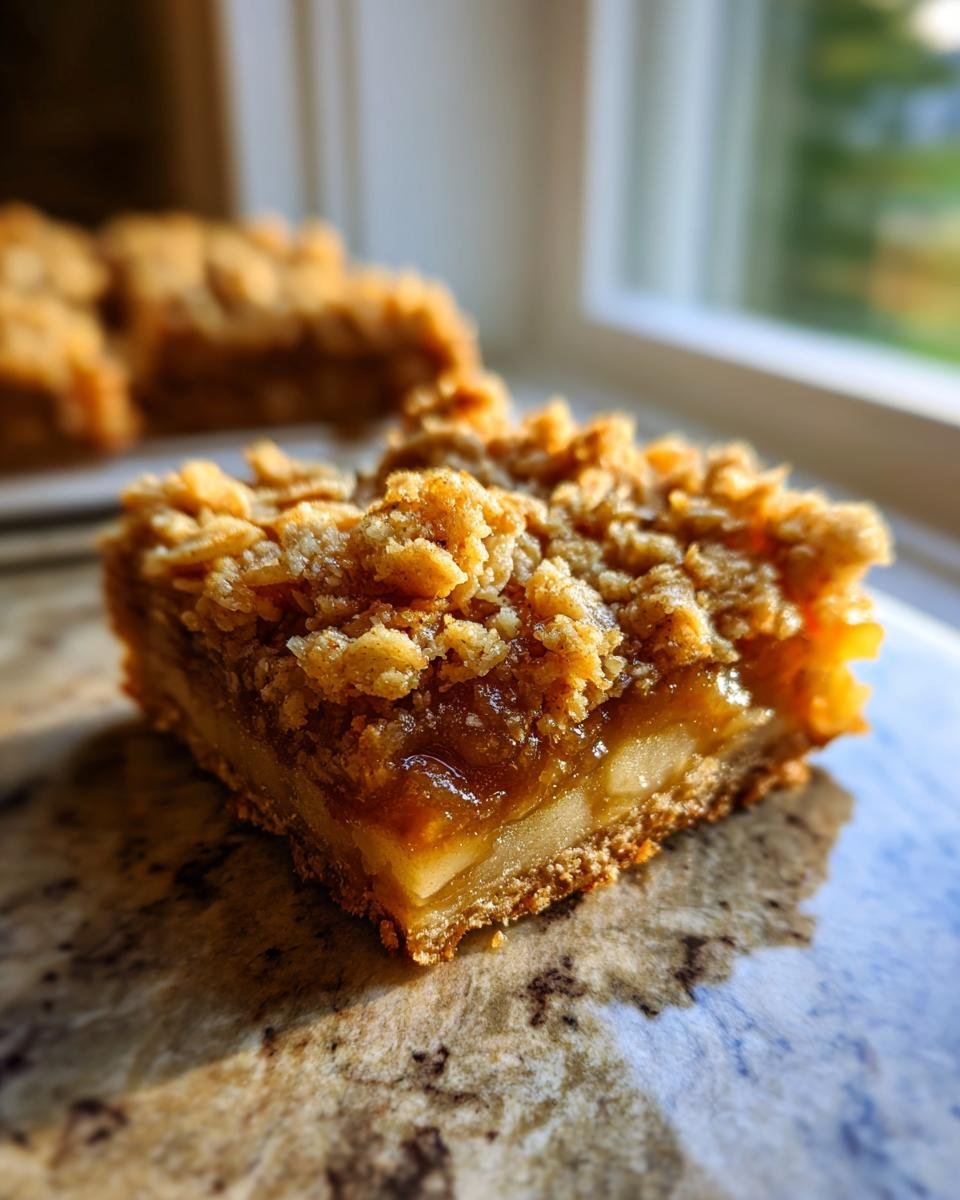 A close-up, sunlit view of one serving of Healthy Apple Pie Bars showing the thick apple filling and crumbly topping.