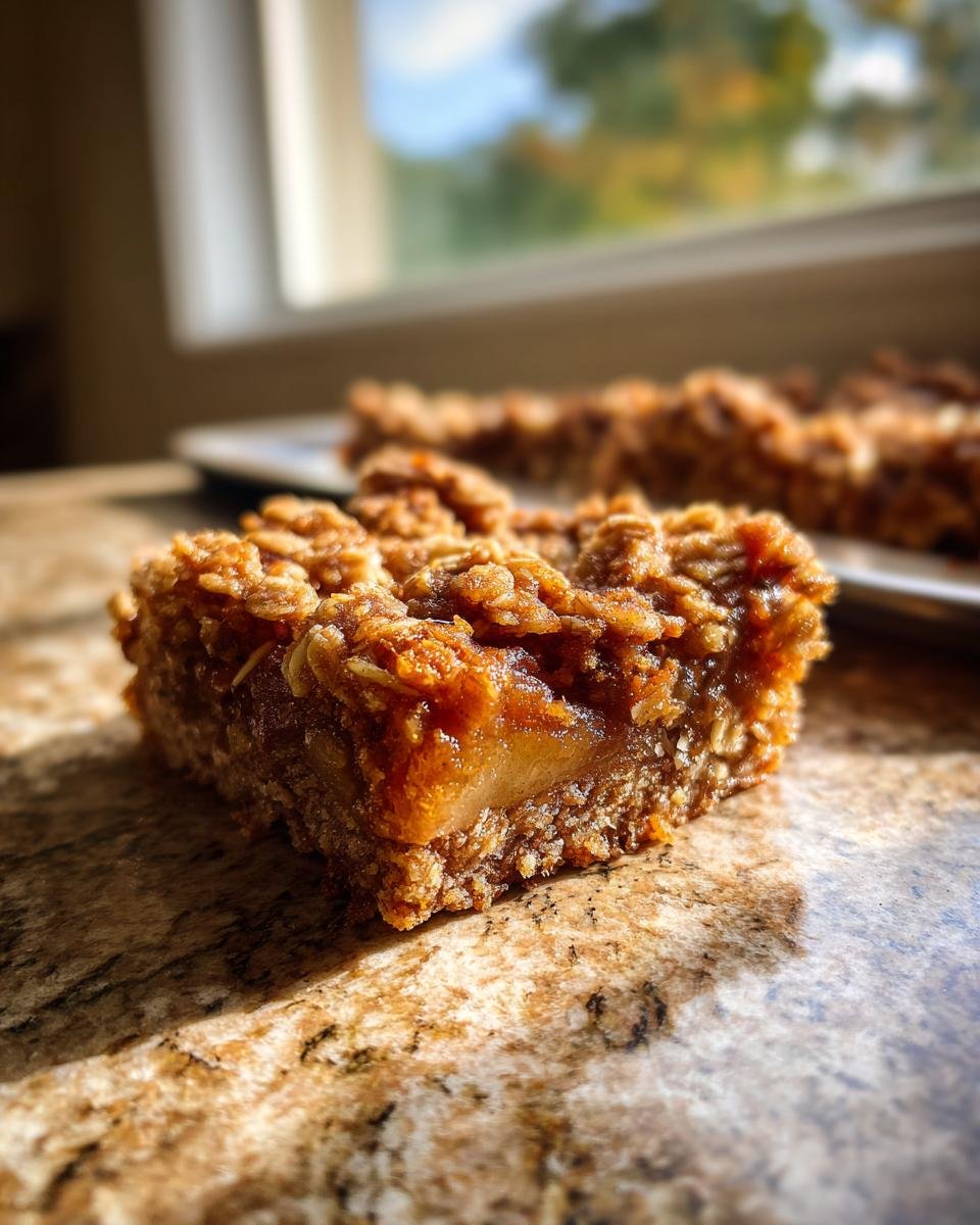 A single serving of Healthy Apple Pie Bars showing a thick oat crumble topping and gooey apple filling.
