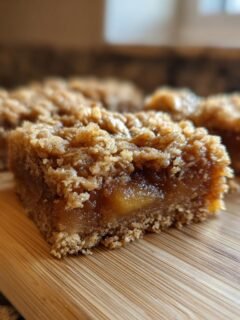 A close-up shot of a square serving of Healthy Apple Pie Bars showing the thick apple filling and oat crumble topping.