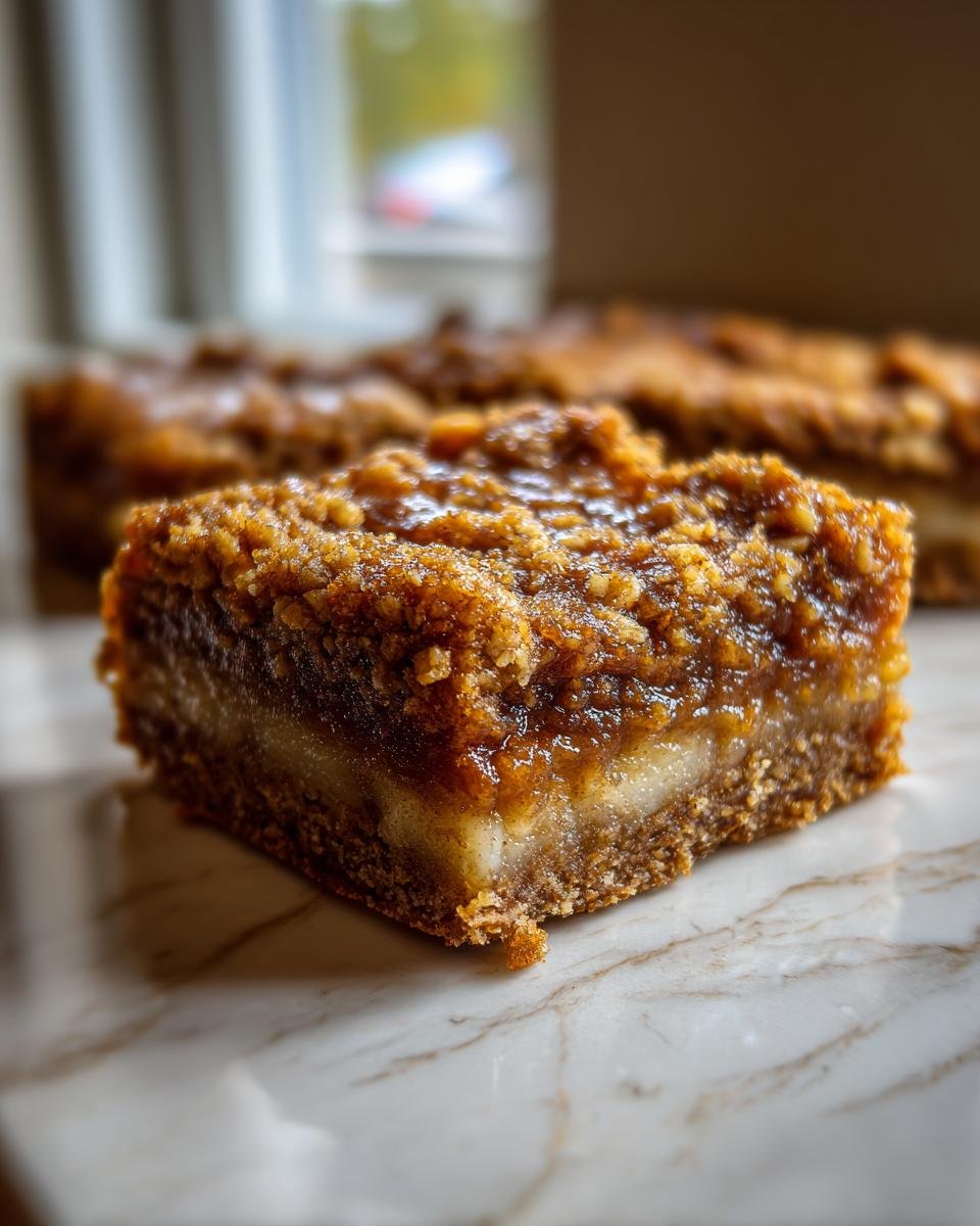 A close-up shot of one square of Healthy Apple Pie Bars showing a thick, gooey caramel-like topping and a layer of apple filling.