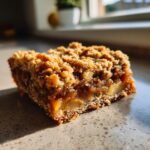 A single, thick square of Healthy Apple Pie Bars showing the gooey apple filling and crunchy oat crumble topping.