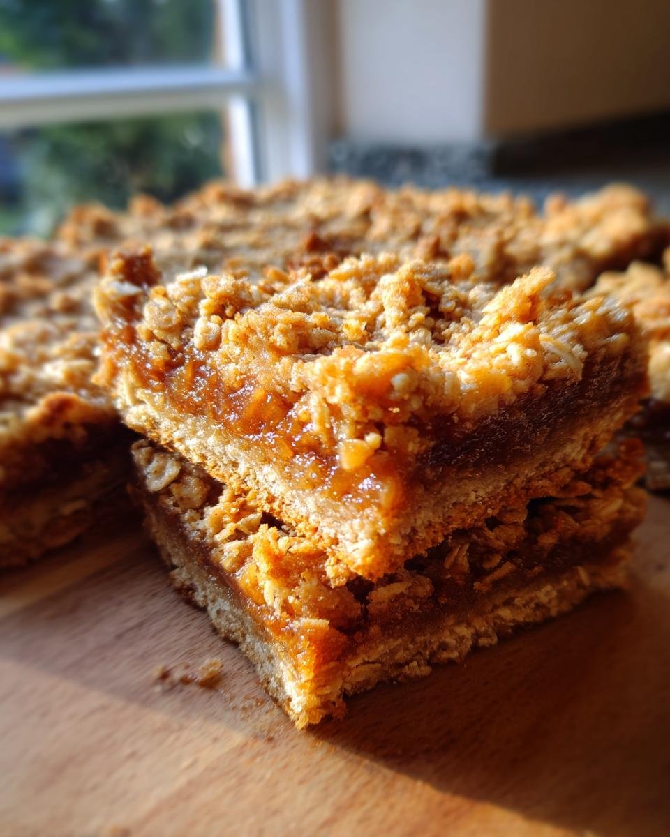 Two stacked squares of Healthy Apple Pie Bars showing the thick, gooey apple filling and crunchy oat crumble topping.