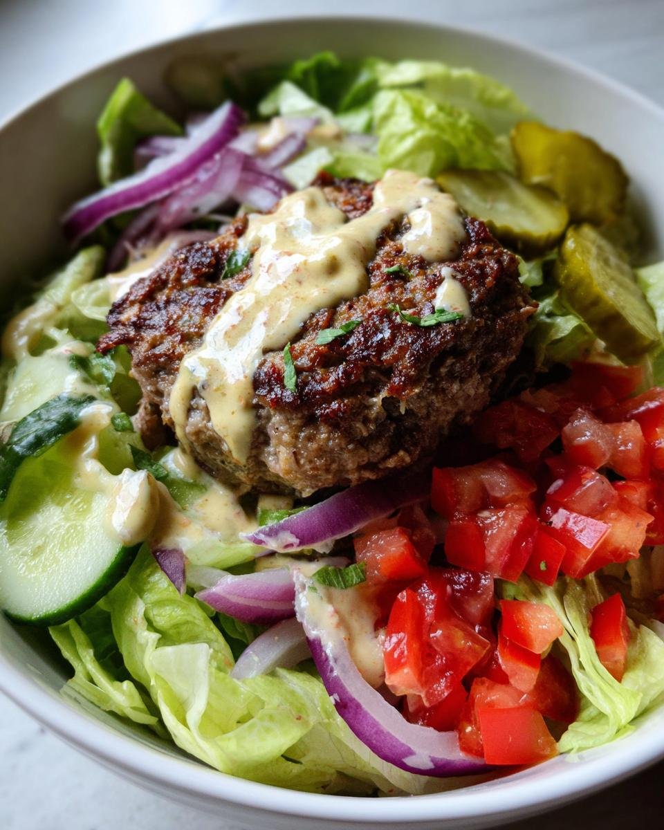 Close-up of a Healthy Burger Bowl With Special Sauce featuring a seasoned patty over lettuce, tomatoes, onions, and pickles.