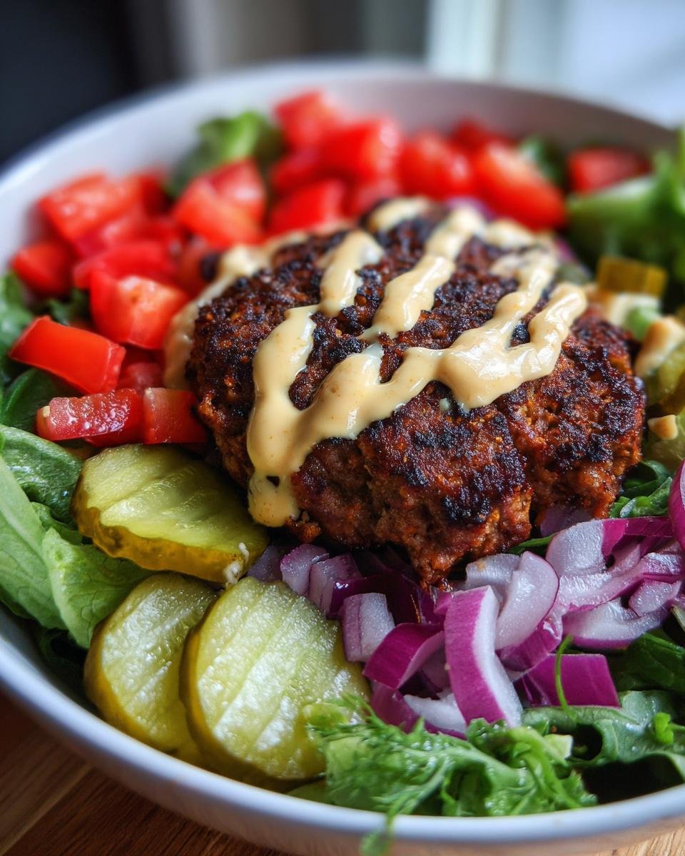 Close-up of a Healthy Burger Bowl With Special Sauce, featuring a seasoned patty drizzled with sauce over lettuce, tomatoes, pickles, and red onion.