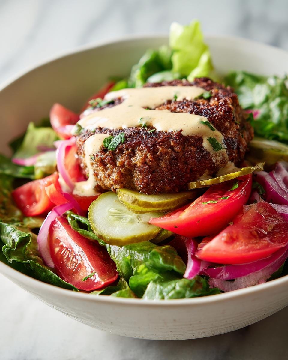 Close-up of a Healthy Burger Bowl With Special Sauce, featuring a seasoned patty over lettuce, tomatoes, pickles, and onions.