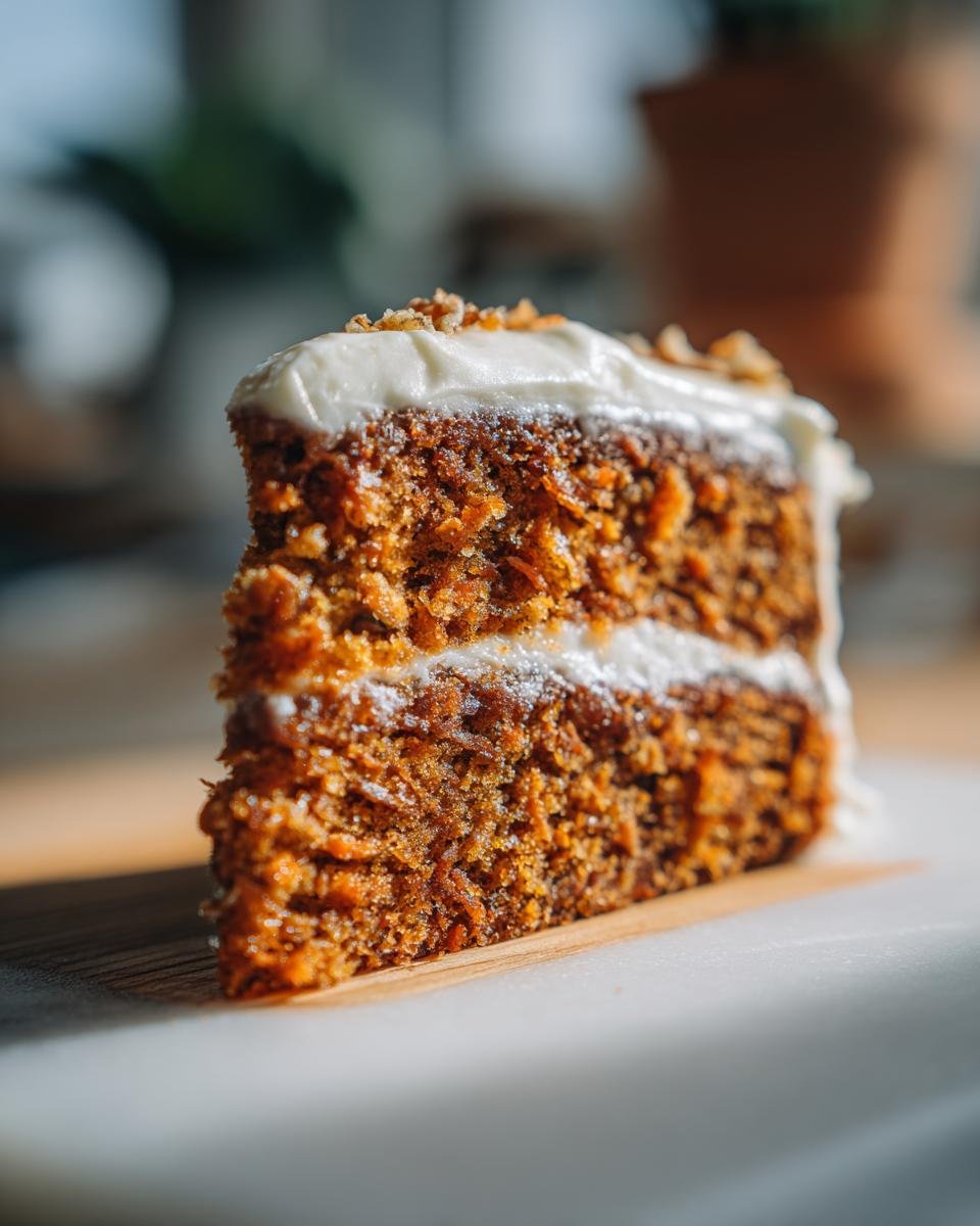 Close-up of a thick slice of moist Healthy Carrot Cake with two layers and white frosting, topped with chopped nuts.