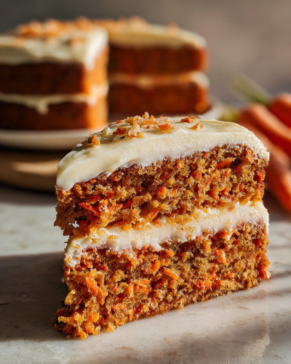 Close-up of a moist slice of Healthy Carrot Cake layered with thick cream cheese frosting and topped with shredded coconut.