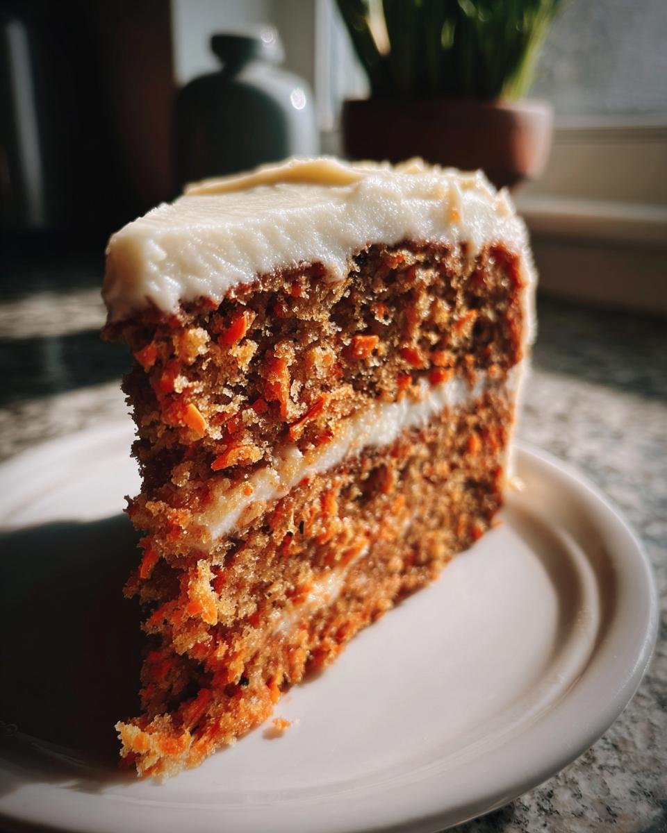 Close-up of a moist slice of Healthy Carrot Cake layered with cream cheese frosting, illuminated by sunlight.