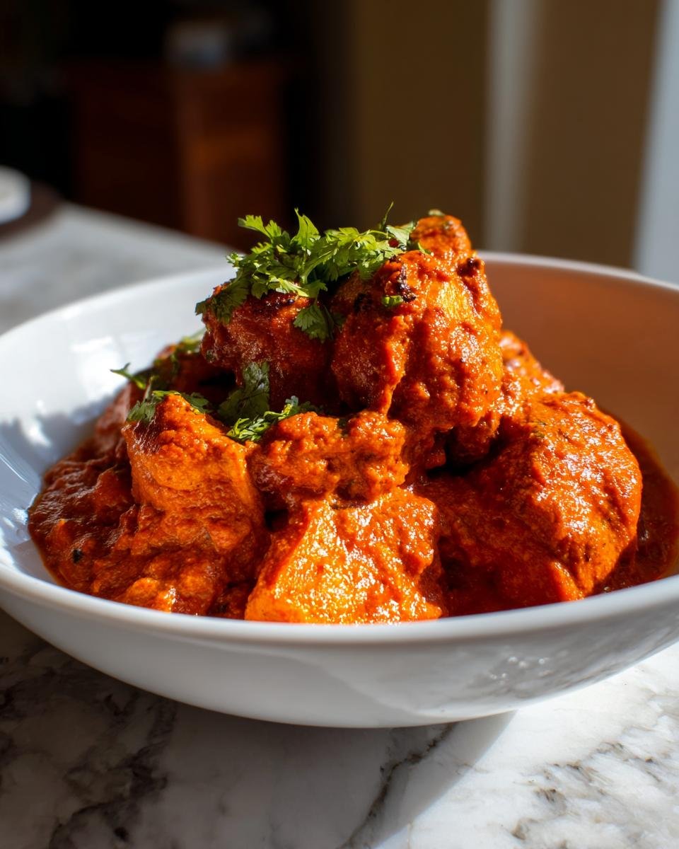 Close-up of rich, orange-red Healthy Chicken Tikka Masala garnished with fresh cilantro in a white bowl.