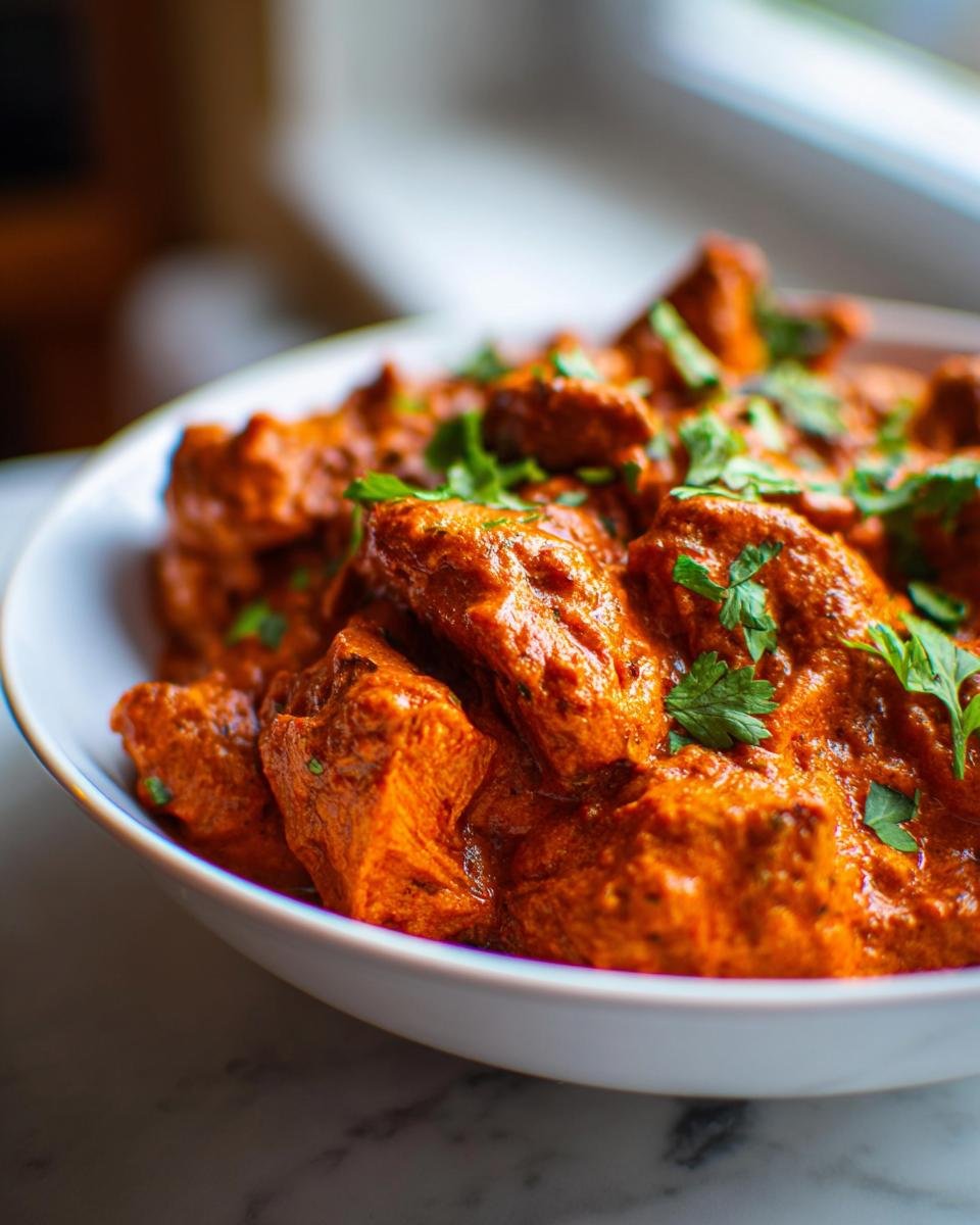 Close-up of a white bowl filled with rich, orange Healthy Chicken Tikka Masala, garnished with fresh cilantro.