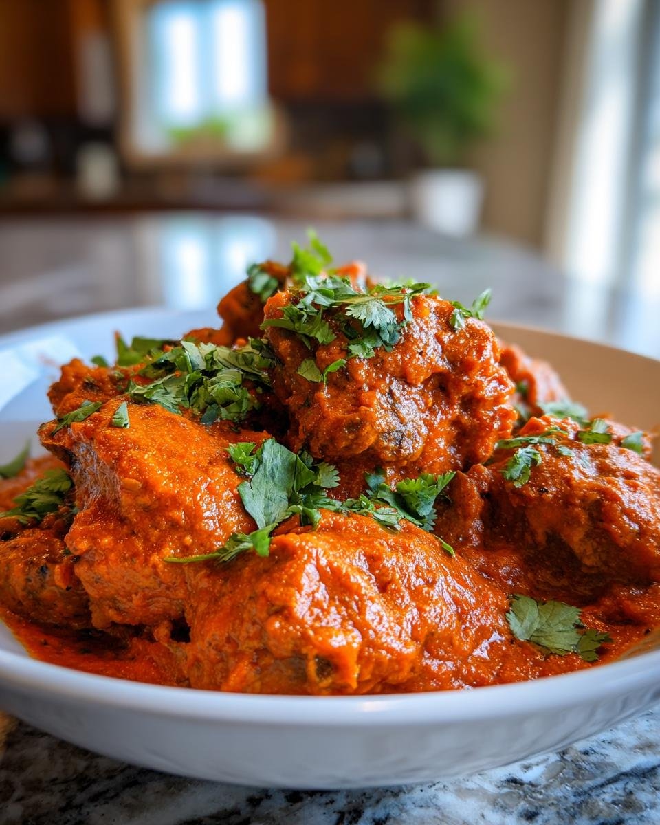 Close-up of rich, orange-red Healthy Chicken Tikka Masala garnished generously with fresh cilantro.