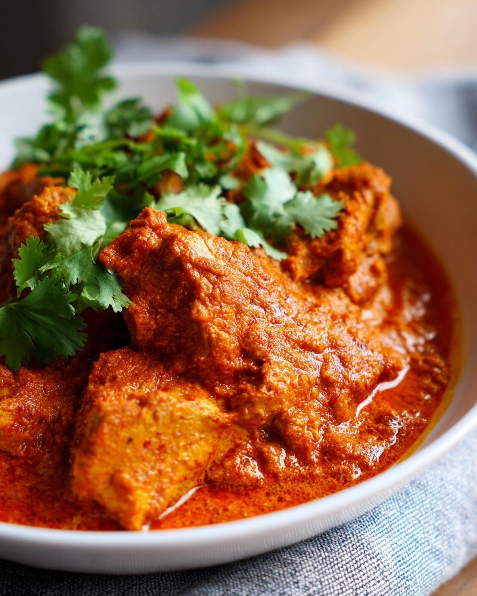 Close-up of rich, orange-red Healthy Chicken Tikka Masala topped with fresh cilantro.