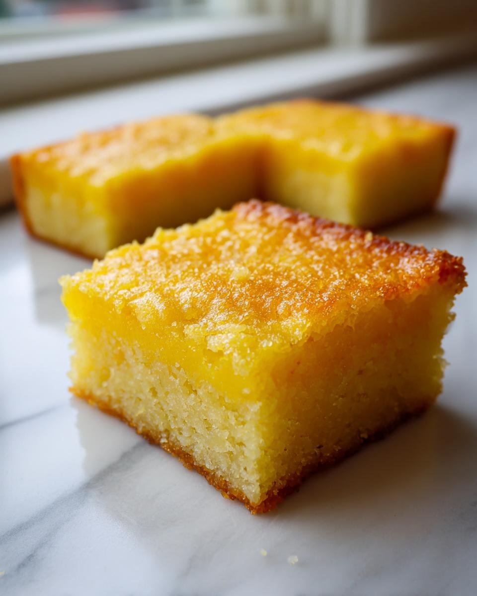 A close-up of a square slice of bright yellow Healthy Lemon Bars Gluten Free Paleo dessert on a white marble surface.