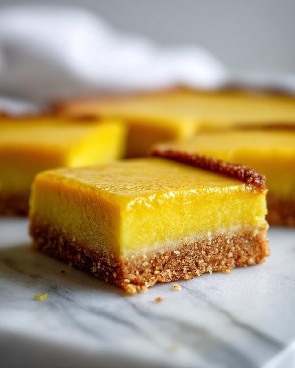 A single square of bright yellow Healthy Lemon Bars Gluten Free Paleo resting on a white marble surface.