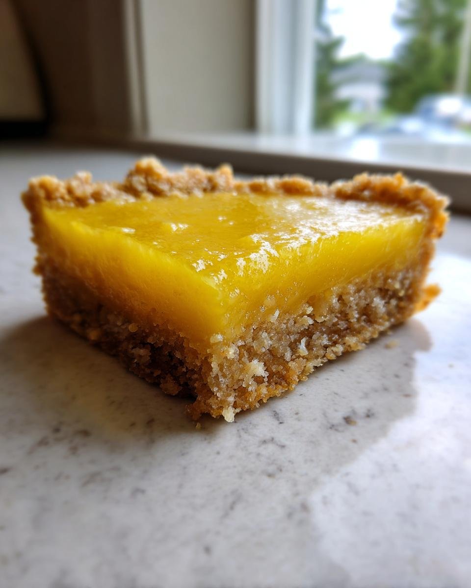 A single square serving of bright yellow Healthy Lemon Bars Gluten Free Paleo on a light countertop.