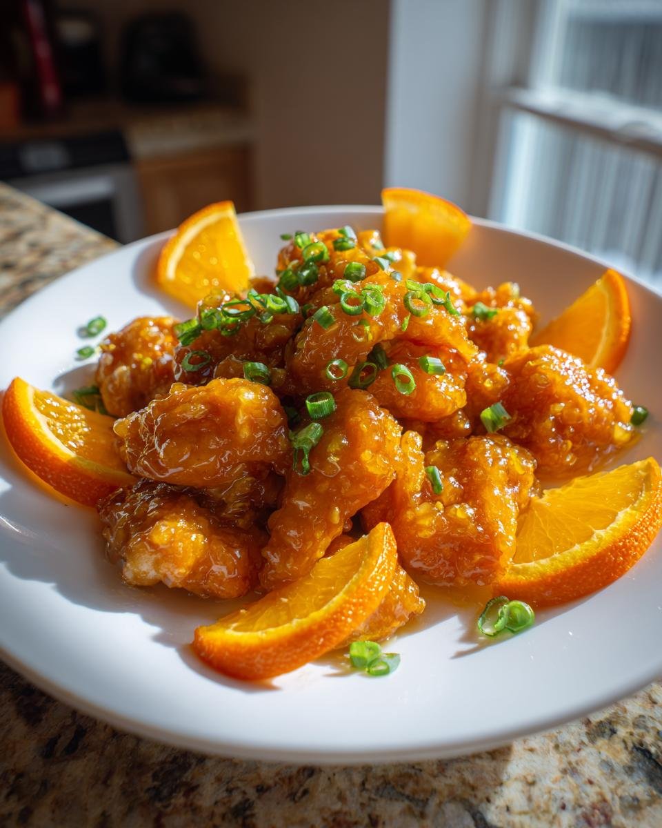 A close-up of glistening pieces of Healthy Orange Chicken coated in sauce, garnished with green onions and surrounded by fresh orange slices.
