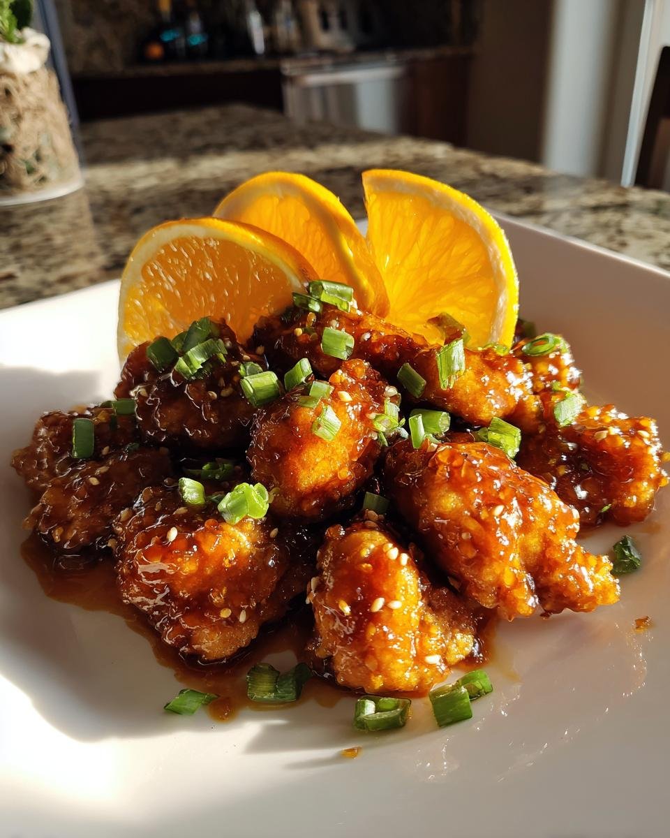 Close-up of glazed Healthy Orange Chicken pieces topped with sesame seeds and green onions, garnished with orange slices.