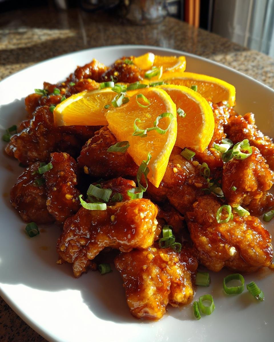 Close-up of glazed Healthy Orange Chicken pieces garnished with fresh orange slices and chopped green onions.