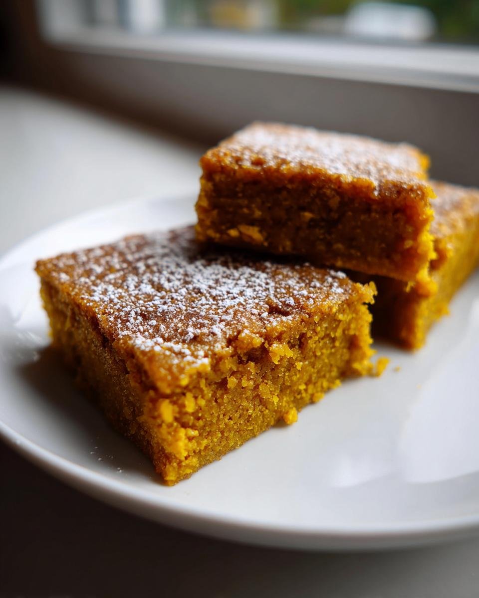 Three slices of moist, orange-colored Healthy Pumpkin Bars dusted lightly with powdered sugar on a white plate.