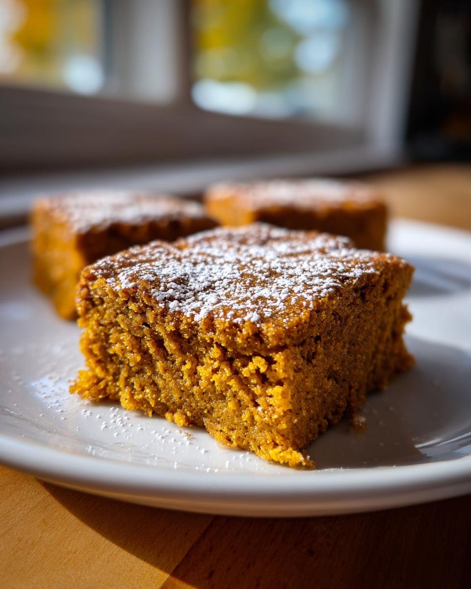A close-up of a moist square of Healthy Pumpkin Bars dusted with powdered sugar on a white plate.