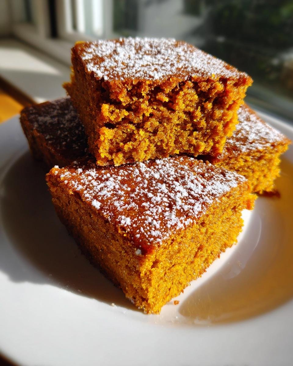 Three stacked squares of moist, orange Healthy Pumpkin Bars dusted lightly with white powdered sugar.