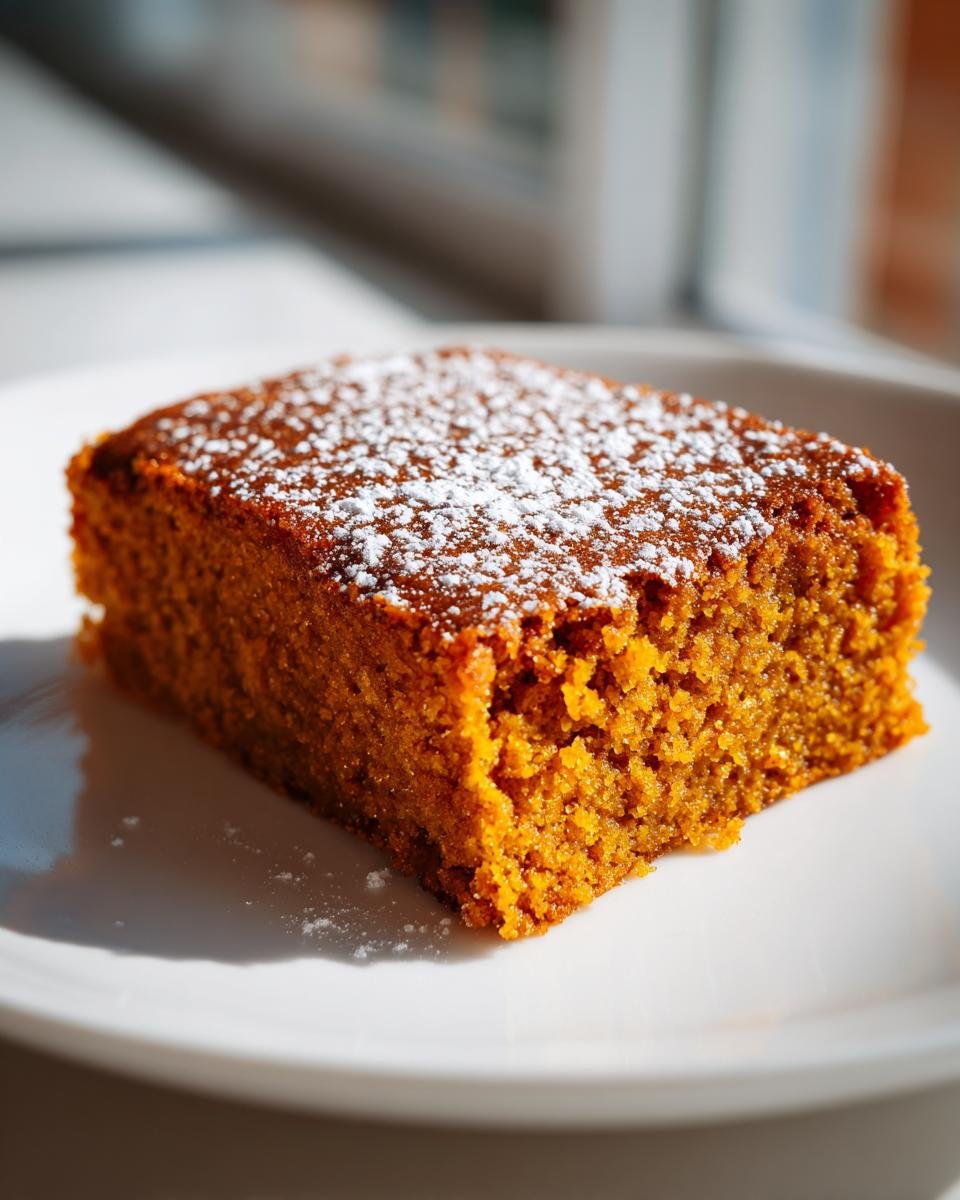 A single square slice of moist, orange Healthy Pumpkin Bars dusted lightly with powdered sugar on a white plate.
