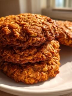 A stack of three golden brown Healthy Pumpkin Oatmeal Cookies on a white plate, bathed in sunlight.