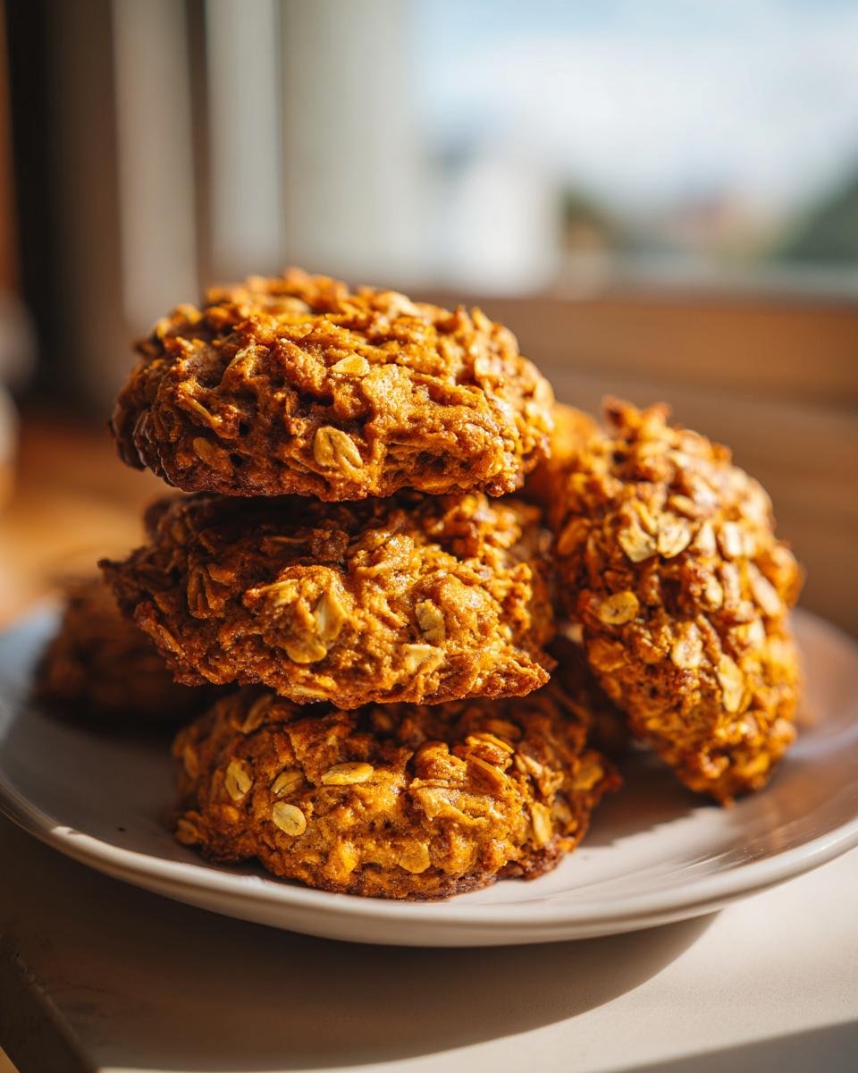 A stack of golden brown Healthy Pumpkin Oatmeal Cookies loaded with visible oats, sitting on a white plate.